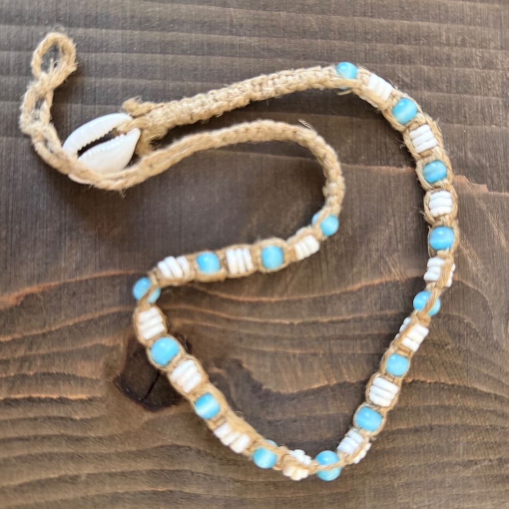 Boho Hemp Macrame Choker Necklace – Light Blue & White Beads with  Shell Clasp
